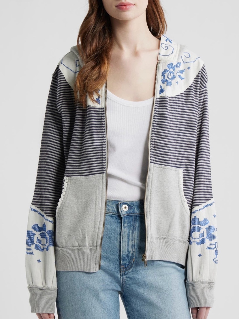 NWT Free People Lydia Mixed Media Zip-Up Hooded Sweater